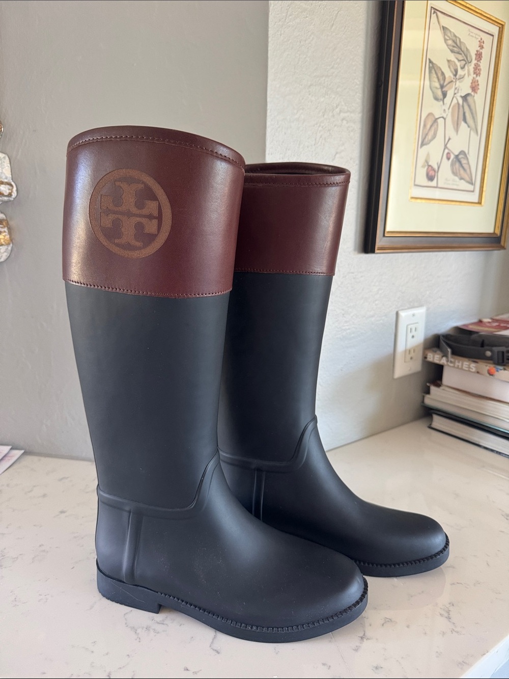 Tory Burch Black and Brown Logo-Trim Rain Boots